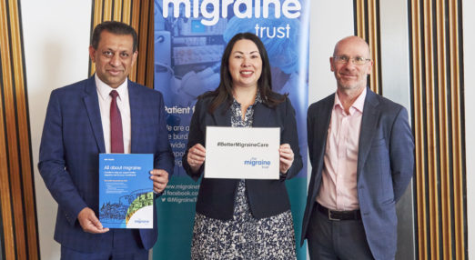 Foysol Choudhury MSP, Monica Lennon MSP, and The Migraine Trust Chief Executive Rob Music
