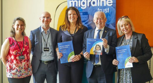 Katie Ayers who has migraine, The Migraine Trust Chief Executive Rob Music, Caroline Nokes MP, Wayne David MP, and Kerry Spalding who lives with migraine