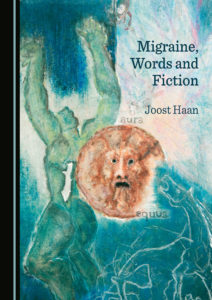 The cover of Migraine, words and fiction, showing a moon and swirling blues.