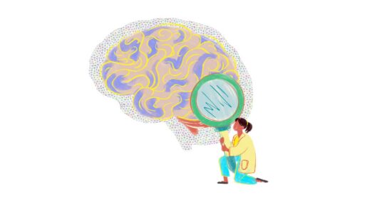 A graphic of a scientist looking at a brain using a magnifying glass.