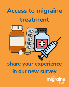 Graphic of medication (pills and injections) on an orange background with text that reads 'access to migraine treatment, share your experience in our new survey'.