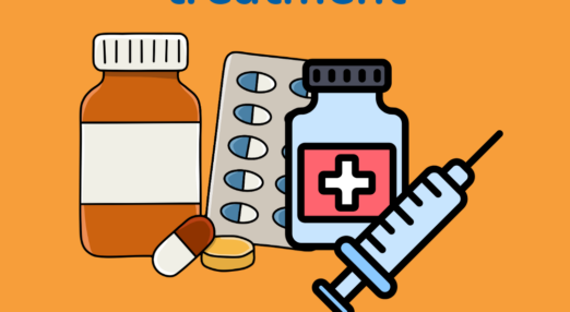 Graphic of medication (pills and injections) on an orange background with text that reads 'access to migraine treatment, share your experience in our new survey'.