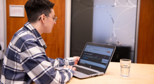 A person is sitting at a desk looking at their laptop.